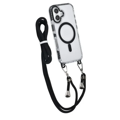 Telefontok iPhone 16 - MagSafe kompatibilis átlátszó/fekete nyakbaakasztós hátlap tok