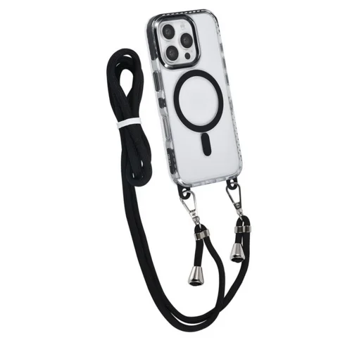 Telefontok iPhone 16 Pro Max - MagSafe kompatibilis átlátszó/fekete nyakbaakasztós hátlap tok