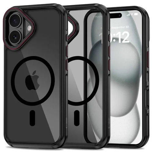 iPhone 16 telefontok - Tech-Protect Maghybrid - MagSafe kompatibilis áttetsző műanyag hátlap tok, fekete szilikon kerettel