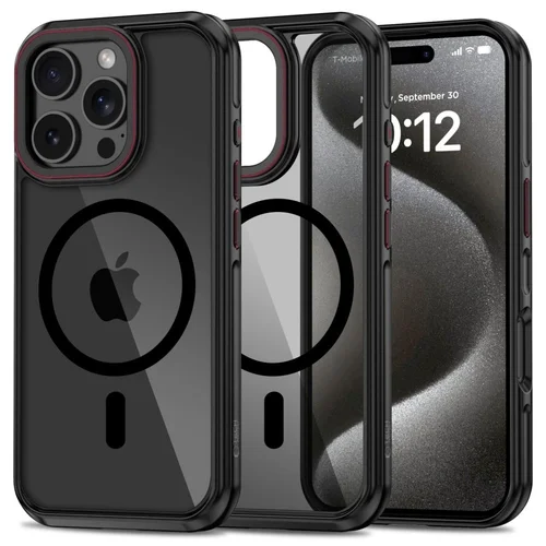 iPhone 16 Pro Max telefontok - Tech-Protect Maghybrid - MagSafe kompatibilis áttetsző műanyag hátlap tok, fekete/piros szilikon kerettel