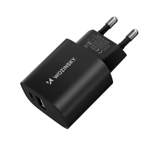 Telefon töltő: Wozinsky WGWCW - USB / Type-C (USB-C) portos fekete hálózati gyors töltőfej, 20W