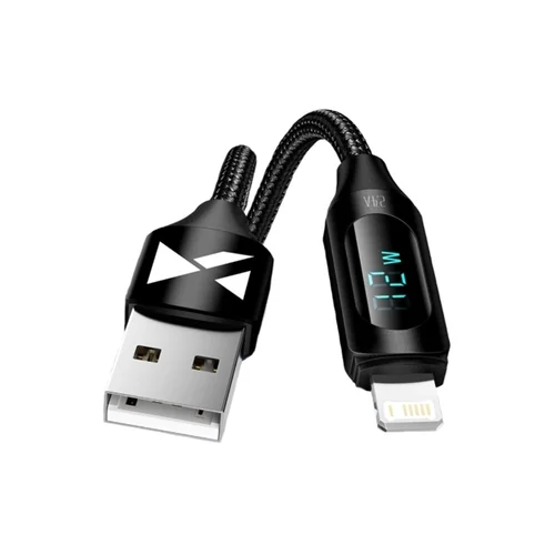 Wozinsky WUALC1 kábel - USB / Lightning fekete szövet gyorstöltő kábel, kijelzővel 1m, 2,4A