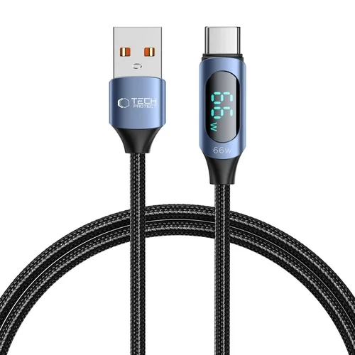 TECH-PROTECT Ultraboost kábel - USB / Type-C (USB-C) fekete szövet gyorstöltő kábel, kijelzővel 1m, 6A/66W