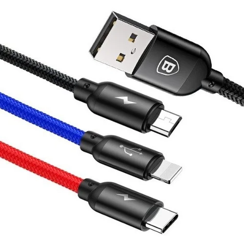 BASEUS BSY01 - 3in1 kábel - USB - Lightning / Type-C (USB-C) / MicroUSB színes szövet kábel 3,5A, 30 cm