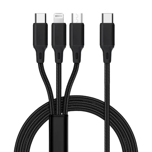 3in1 kábel - USB - Lightning / Type-C (USB-C) / MicroUSB fekete szövet kábel 2,4A, 1,2 m