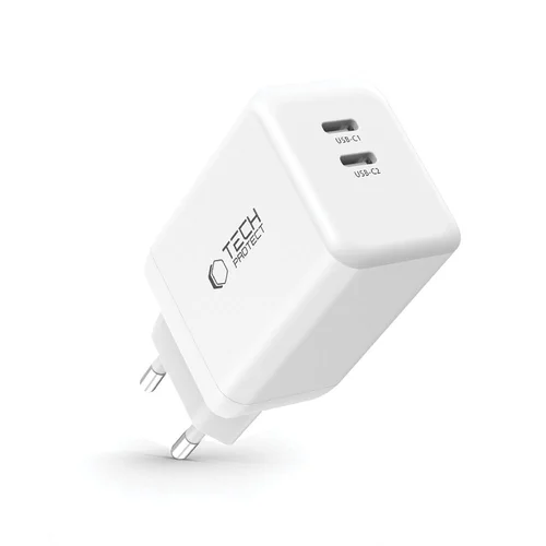 Tech- Protect NC45W telefon töltő - 2x Type-C (USB-C) portos, fehér hálózati töltőfej, 45W ﻿