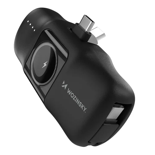 Wozinsky WF16-YCS - fekete powerbank beépített Type-C (USB-C) csatlakozóval, 5000mAh + beépített Type-C (USB-C) kábellel + Apple Watch töltő