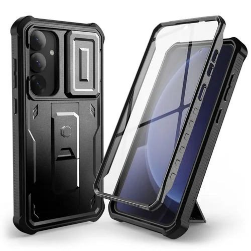 Telefontok Samsung Galaxy S25+ (S25 Plus) - Tech- Protect Kevlar Pro- átlátszó előlap + plexi fekete hátlapi 360°-os tok , kitámasztható