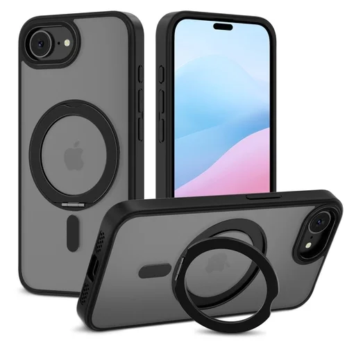 Telefontok iPhone 16e - Tech-Protect Magring - MagSafe kompatibilis áttetsző műanyag hátlap tok, fekete szilikon kerettel, kitámasztóval ﻿