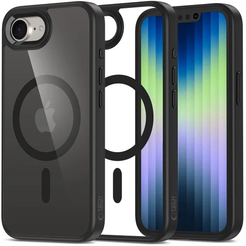 iPhone 16e telefontok - Tech-Protect Magmat - MagSafe kompatibilis átlátszó műanyag hátlap tok, fekete szilikon kerettel