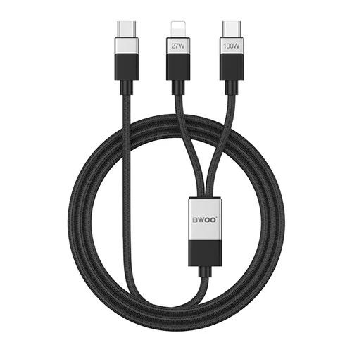 BWOO X306 - 3in1 kábel - Type-C (USB-C) - Lightning / Type-C (USB-C) fekete szövet kábel 100W/27W