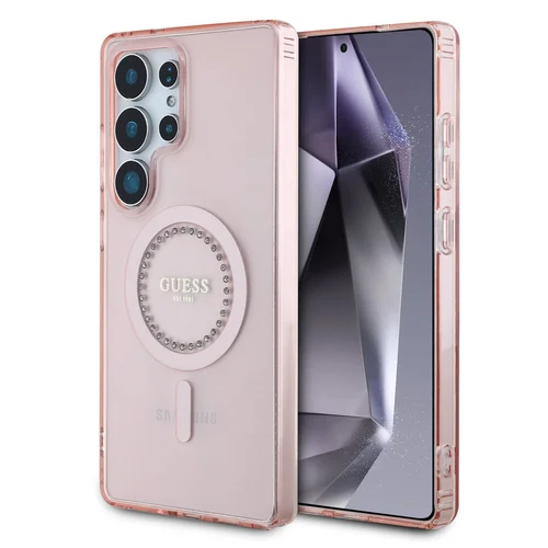 Samsung Galaxy S25 Ultra telefontok - Guess Classic Logo strasszokkal - pink átlátszó MagSafe kompatibilis hátlap tok