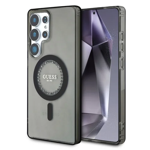 Samsung Galaxy S25 Ultra telefontok - Guess Classic Logo strasszokkal - fekete átlátszó MagSafe kompatibilis hátlap tok