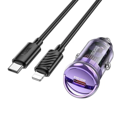 Hoco Z53 - lila /átlátszó autós gyorstöltő, 30W + fekete Lightning / Type-C (USB-C) kábel (1m)