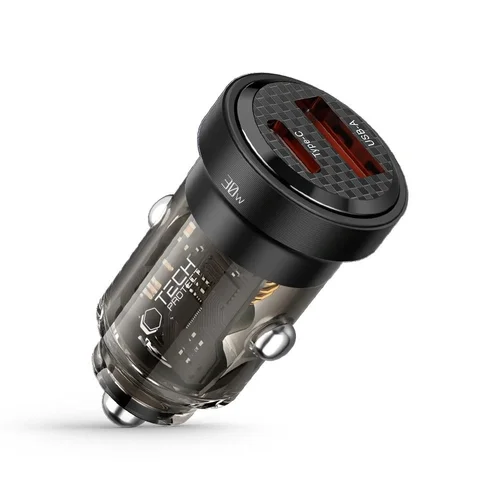 Autós töltő Tech- Protect CC30W - szivartöltő fej, USB / Type-C (USB-C), 30W, fekete/átlátszó