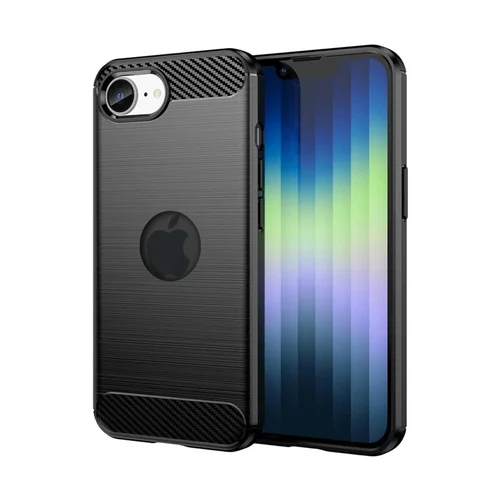 iPhone 16e telefontok - Carbon Fiber - fekete szilikon hátlap tok (Apple logónál kivágással)