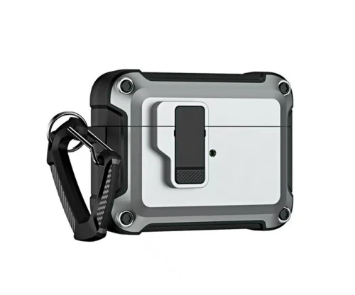 Airpods 4 tok: szürke ütésálló AirPods 4 tok karabinerrel