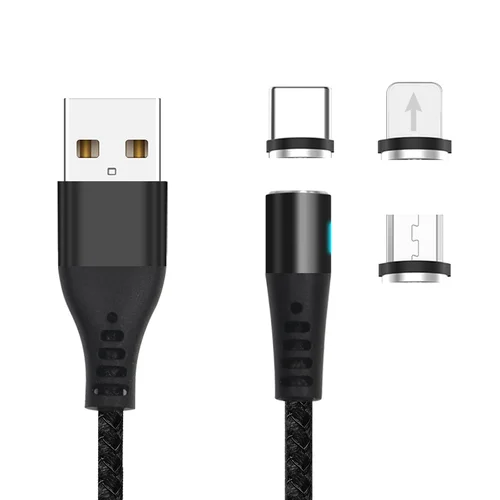 MaxLife MXUC-02 - 3in1 kábel - USB - Lightning / Type-C (USB-C) / MicroUSB cserélhető mágneses fejekkel, fekete szövet kábel 2,A, 1 m