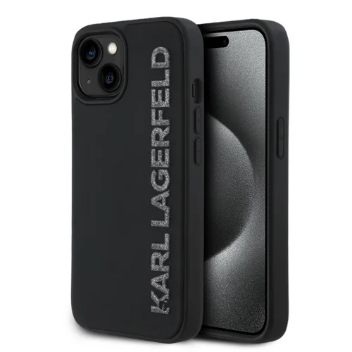 Telefontok iPhone 14 - Karl Lagerfeld 3D Rubber Glitter Log fekete hátlap tok