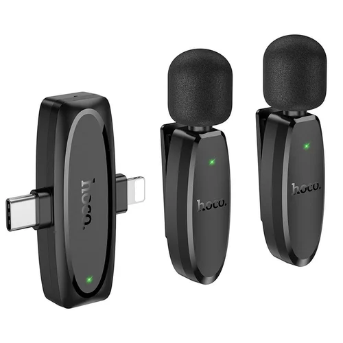 HOCO L15 - 2db vezeték nélküli csíptethető mikrofon + Lightning / Type-C (USB-C) csatlakozós vevőegység, fekete