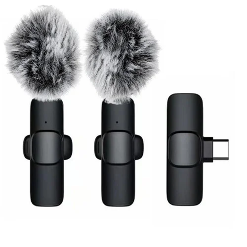 Lavalier K1 - 2db vezeték nélküli csíptethető mikrofon (hosszú szőrű szélfogóval) + Type-C (USB-C) vevőegység, fekete