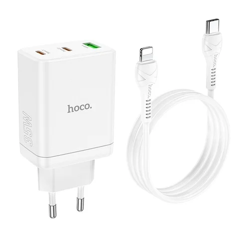 HOCO N33- USB / 2x Type-C (USB-C) portos fehér hálózati töltőfej 3A 35W + Type-C (USB-C) / Lightning kábel (1m) ﻿