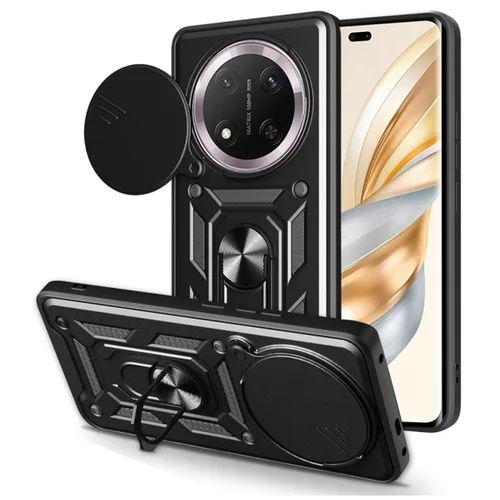 Telefontok Honor Magic7 Lite - Camshield - fekete szilikon tok, kitámasztó ujjgyűrűvel, csúsztatható kameravédővel