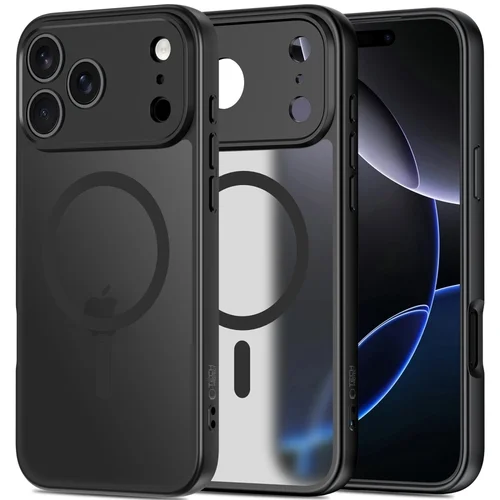 Telefontok iPhone 17 Pro - Tech-Protect Magmat MagSafe kompatibilis áttetsző műanyag hátlap tok, fekete szilikon kerettel