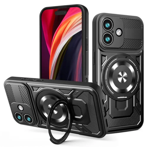 Telefontok iPhone 17 - Defender Armor Mag - MagSafe kompatibilis fekete ütésálló hátlap tok, kitámasztóval ﻿