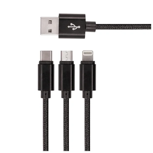 Setty 3in1 kábel - USB - Lightning / Type-C / MicroUSB fekete szövet kábel 2A, 1,2m