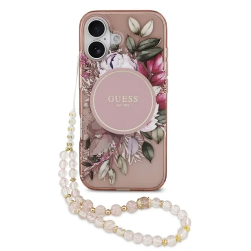 Telefontok iPhone 17 - Guess IML Flowers - virágmintás, pink átlátszó MagSafe kompatilibilis hátlap tok