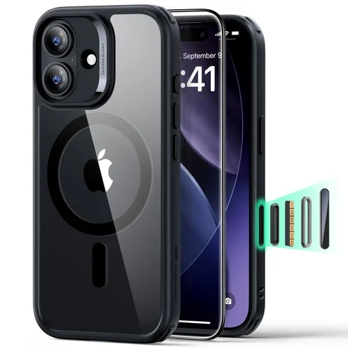 Telefontok iPhone 17 - ESR CLASSIC HYBRID HALOLOCK MagSafe átlátszó / fekete hátlap tok + fekete keretes ÜVEGFÓLIA + felhelyezést segítő keret