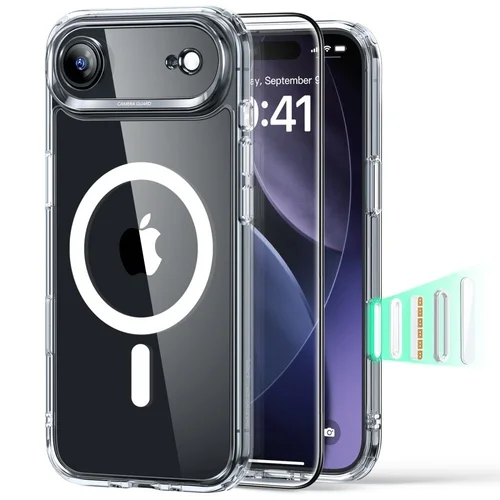 Telefontok iPhone 17 AIR - ESR CLASSIC HYBRID HALOLOCK MagSafe átlátszó hátlap tok + fekete keretes ÜVEGFÓLIA + felhelyezést segítő keret