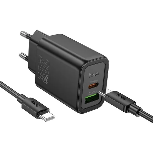 HOCO N61 - USB / Type-C (USB-C) portos fekete hálózati gyors töltőfej, 20W + Type-C / Type-C (USB-C) kábel, 1m