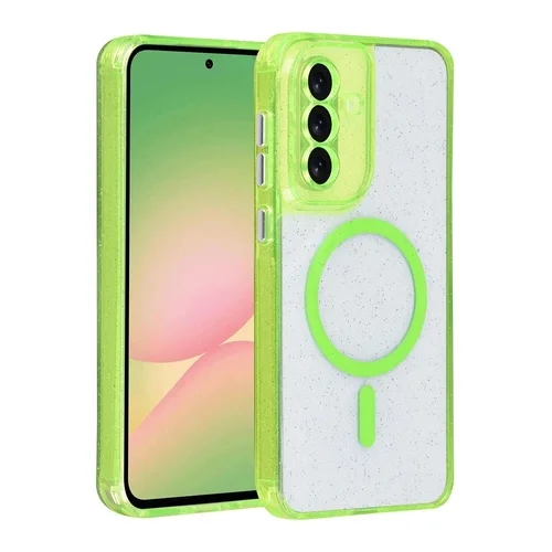 Telefontok Samsung Galaxy A56 5G - TUNIQ - MagSafe kompatibilis átlátszó/zöld csillámos műanyag hátlap tok, szilikon kerettel