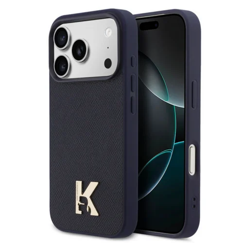 Telefontok iPhone 17 Pro - Karl Lagerfeld Saffiano Leather - Metal K & Karl Logo - MagSafe kompatibilis sötétkék hátlap tok