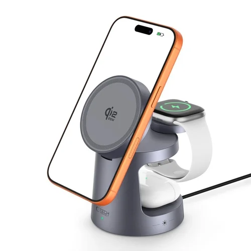 Tech- Protect A48 - 3in1 szürke összecsukható vezeték nélküli (Wireless) töltőpad - iPhone, AirPods és Apple Watch