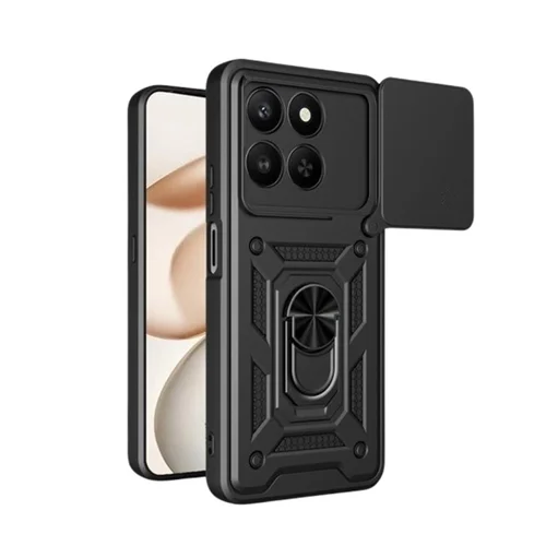 Telefontok Honor X7d - Camshield - fekete szilikon tok, kitámasztó ujjgyűrűvel, csúsztatható kameravédővel