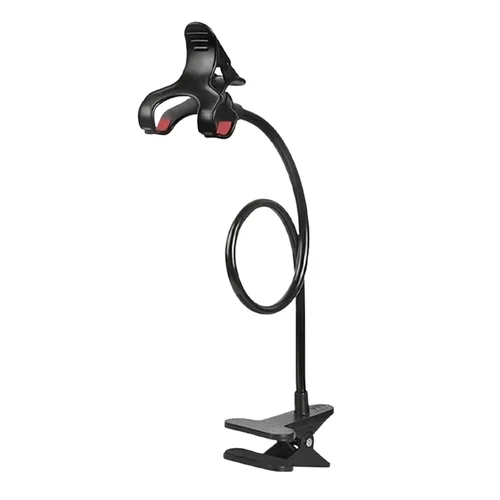 Univerzális csíptethető telefontartó állvány - fekete, 360°-ban forgatható fej, flexibilis kar