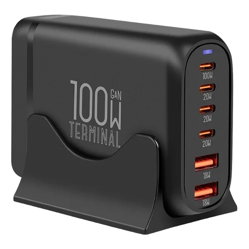 Hálózati töltő: OBAL:ME Terminal GaN - 4 Type-C (USB-C) / 2 USB porttal, hálózati töltő, fekete, 100W