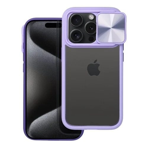 Telefontok iPhone 14 Pro - Slider csúsztatható kameravédős lila keretes hátlap tok, műanyag átlátszó hátlappal