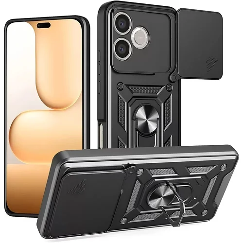 Telefontok Honor 600 Lite 5G - Camshield - fekete szilikon tok, kitámasztó ujjgyűrűvel, csúsztatható kameravédővel