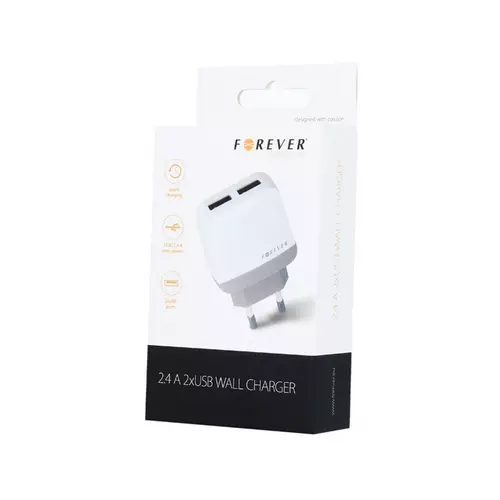 Töltő: Forever fehér 2 USB-s hálózati töltőfej 2.4A