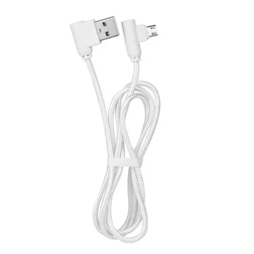 Kábel: Micro USB fehér szövet adatkábel 1m (90 fokos csatlakozó végekkel)