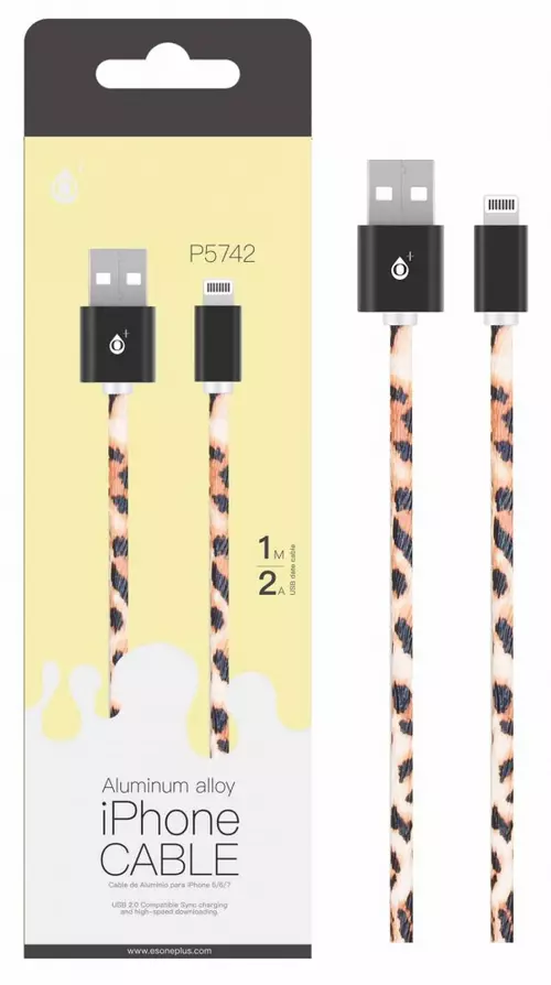 Kábel: OnePlus P5742 iPhone készülékhez állatmintás adatkábel fekete fém csatlakozóval