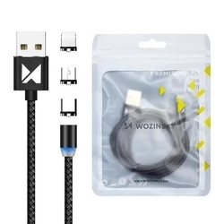Töltő: Wozinsky - 3in1 USB fekete szövetkábel, cserélhető mágneses Type-C/MicroUSB/Lightning fejekkel,2,4A-4
