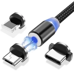Töltő: Wozinsky - 3in1 USB fekete szövetkábel, cserélhető mágneses Type-C/MicroUSB/Lightning fejekkel,2,4A-2