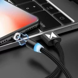 Töltő: Wozinsky - 3in1 USB fekete szövetkábel, cserélhető mágneses Type-C/MicroUSB/Lightning fejekkel,2,4A-5