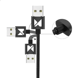 Töltő: Wozinsky - 3in1 USB fekete szövetkábel, cserélhető mágneses Type-C/MicroUSB/Lightning fejekkel,2,4A-1