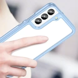 Telefontok Samsung Galaxy S23 - átlátszó hátlap tok, kék szilikon kerettel-3